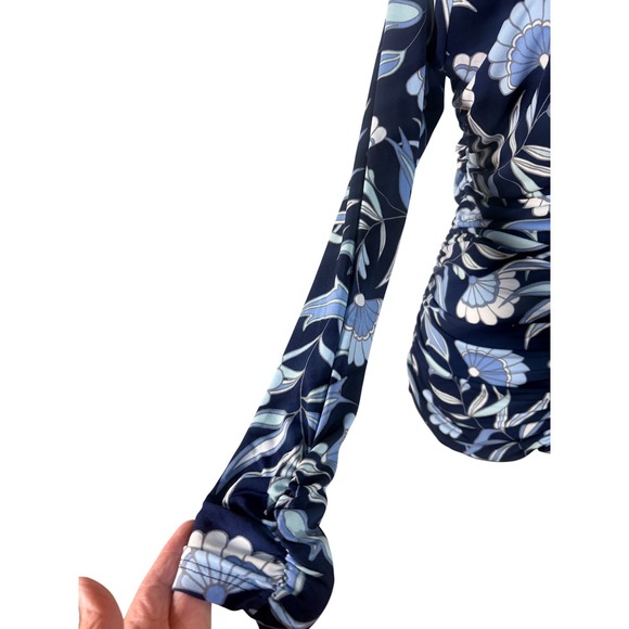 WHBM Floral Ruched Top Womens Size M Blue NWT Long Sleeve V-Neck Jersey - Picture 6 of 10